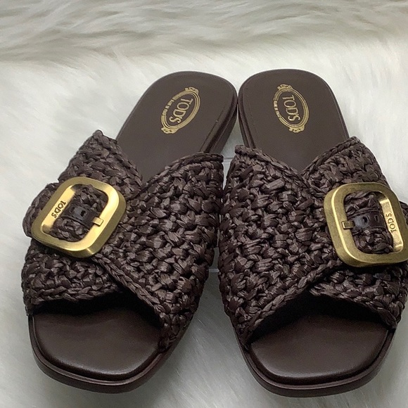 🤎LIKE NEW (w/ COA) TOD'S Brown Raffia Buckle Flat Sandals - Picture 15 of 16